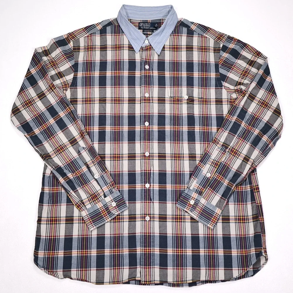 POLO RALPH‎ LAUREN Men's XL Plaid Custom Fit Contrasting Collar Button Up Shirt